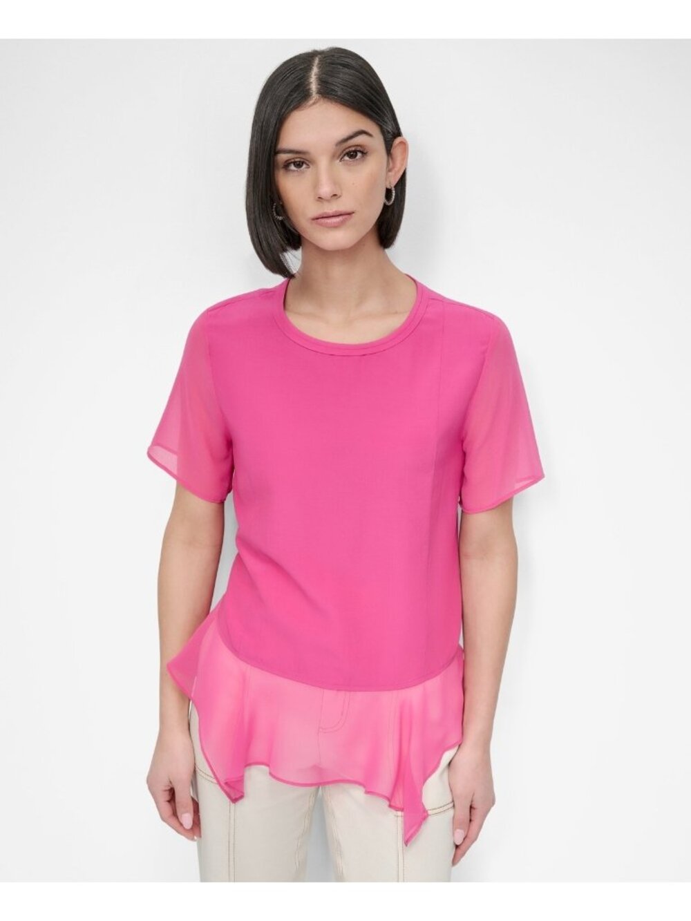 DKNY Women Round neck Asymmetrical Handkerchief-Hem viscose Top Pink Size M $79